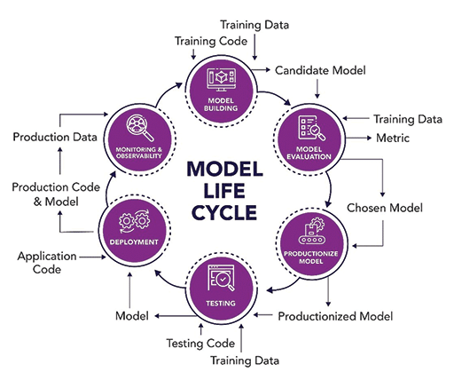 Model life cycle methodology for training and improving Al algorithms. Leidos graphic.